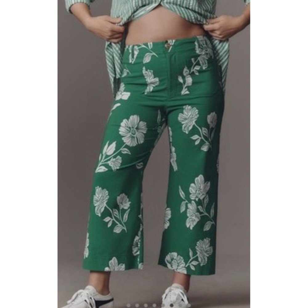 Maeve Colette Crop Wide-Leg Pant Green Floral Magic Fabric 22W Anthropologie